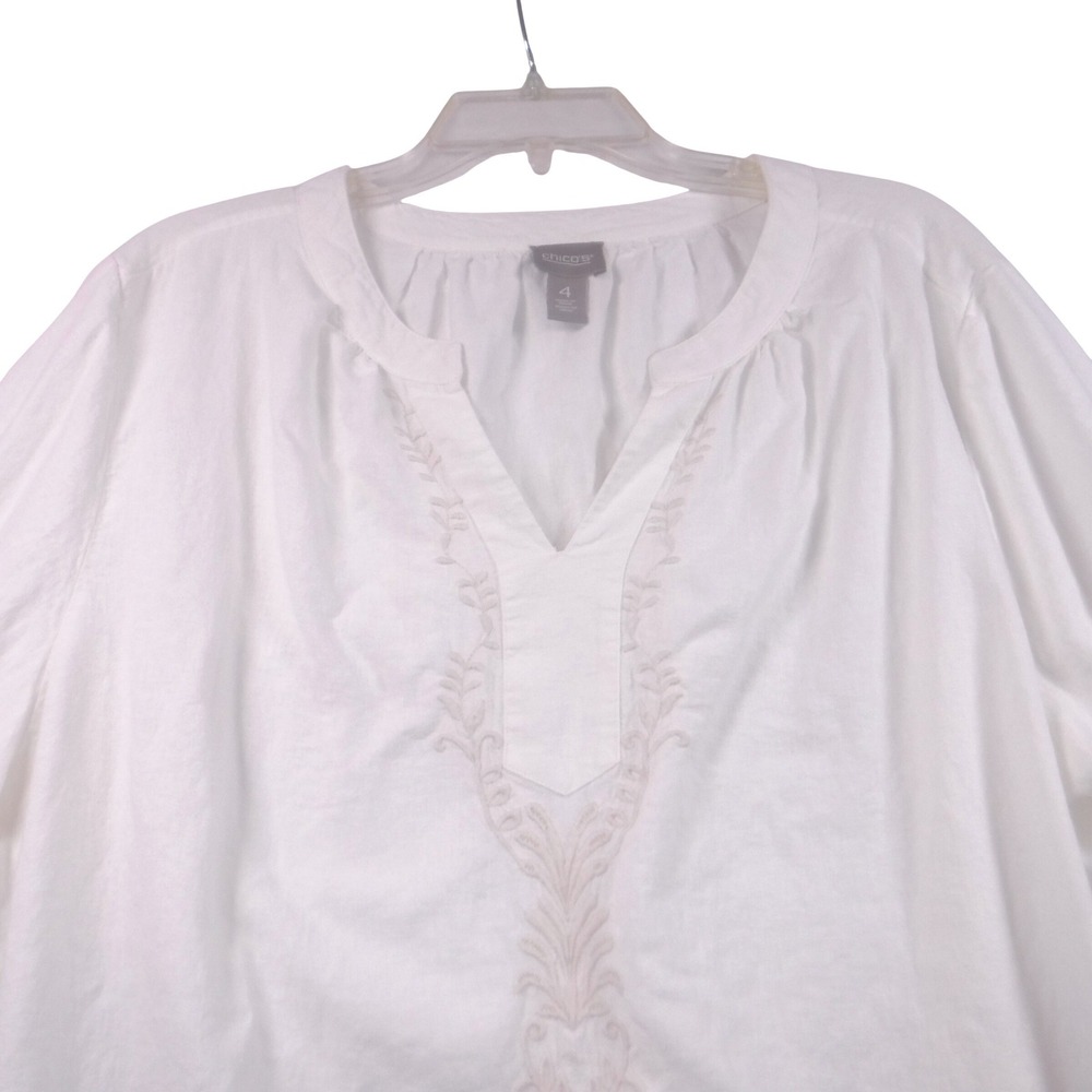 Chicos White Linen Blend Embroidered Split Neck Blouse Top Size 4 XXL 3/4 Sleeve